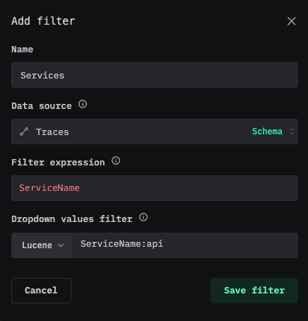 Name, Data source, Filter expression 필드가 있는 Add filter 대화상자